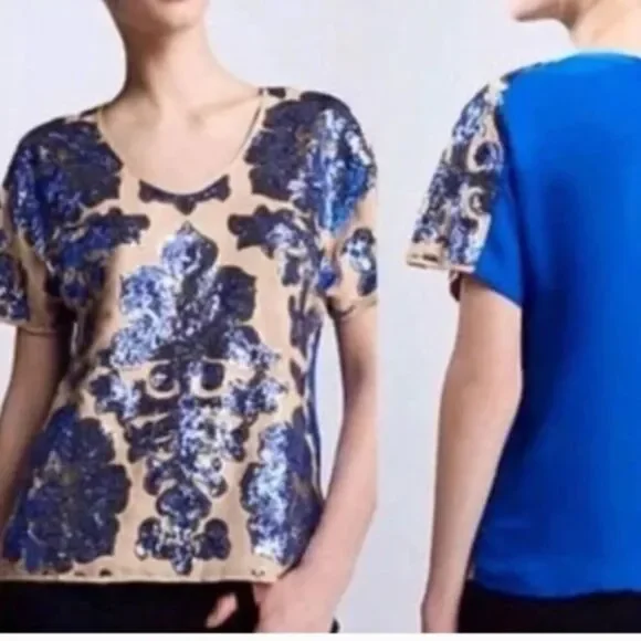 NWT Tracy Reese x Neiman Marcus Blue Sequin Short Sleeve Blouse Top S - Picture 4 of 12